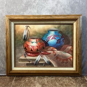 Textured Still Life Native American Painting Signed Lorenzo Framed 20" x 16.5"